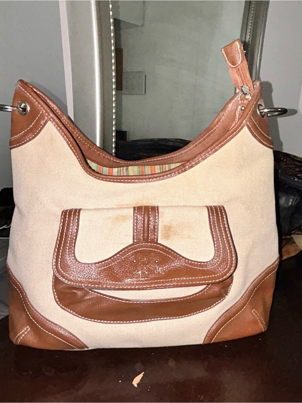 Stone Mountain Accessories Beige Canvas Shoulder Bag with Brown Leather Trim